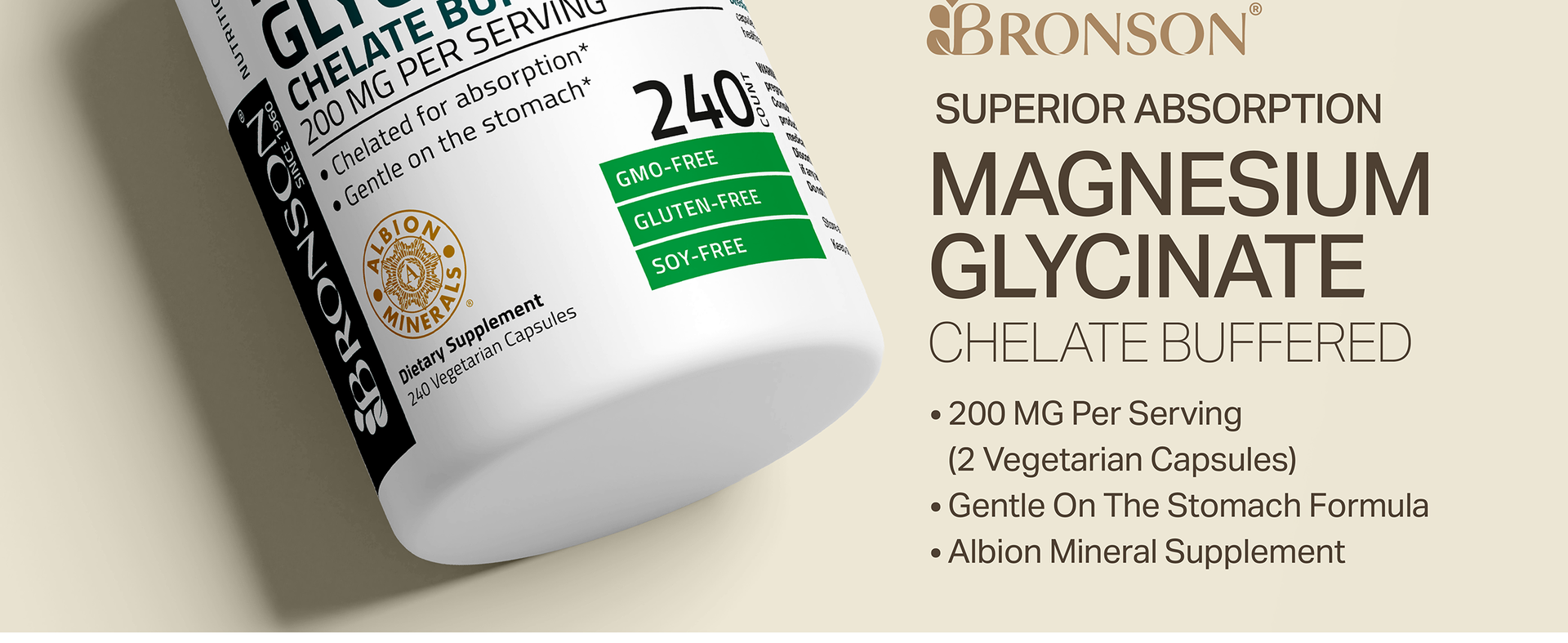 Bronson Magnesium Glycinate 200 MG Chelated High Absorption, 120 Capsules