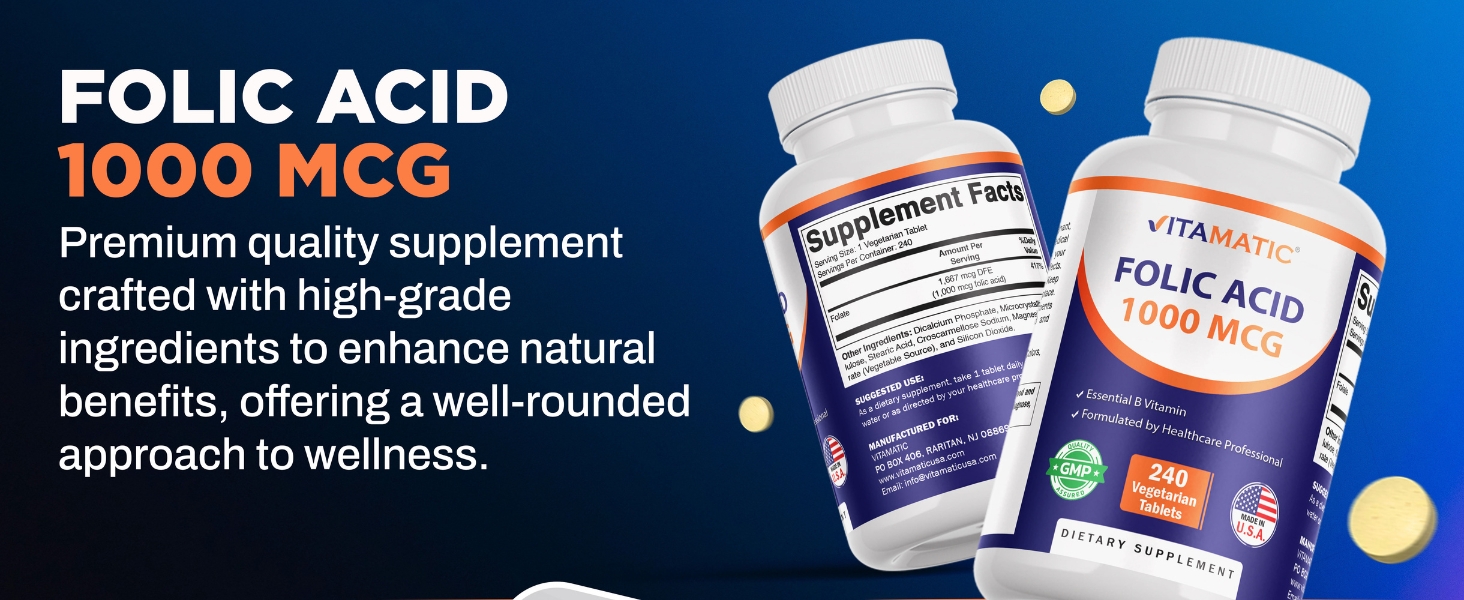 Vitamatic Folic Acid 1000 mcg (1 mg), 240 Vegetarian Tablets | Vitamin B9