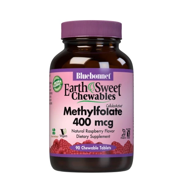 Bluebonnet EarthSweet Methylfolate 400 mcg Cellular Active Coenzyme 5-MTHF L Methyl Folate Supplement - Prenatal & Energy Support* - Non-GMO, Vegan, Gluten-Free - Raspberry - 90 Chewable Tablets