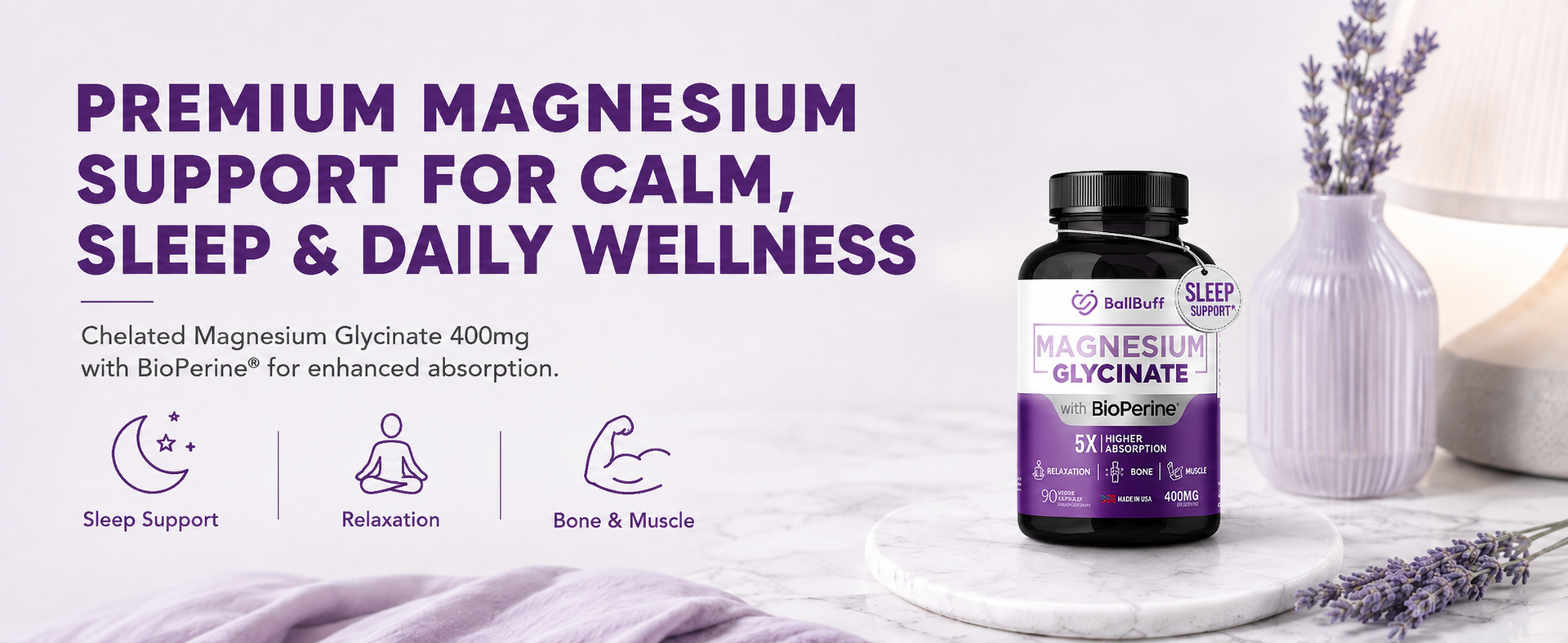 Pure Magnesium Glycinate 400mg - 5X Higher Absorption - Support Stress Relief, Sleep, Bone Health - 100% Chelated - Pure Magnesium Supplement for Women and Men- 90 Veggie Capsules