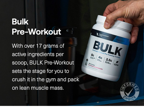 Transparent Labs Bulk Pre Workout Powder - Naturally Sweetened Preworkout for Men & Women, Pre Work Out for Muscle Building & Strength w/Beta Alanine & BetaPure - 30 Servings, Strawberry Lemonade