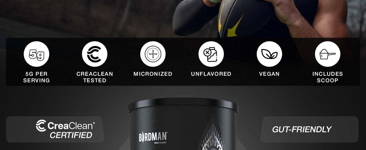 BIRDMAN Micronized Creatine Monohydrate Powder, Muscle Recovery, Caffeine Free, Creatine Pre Workout, Vegan, Post Workout, Gluten Free, Sugar Free | 200 Servings (5 Grams Each) | 2.2lb.