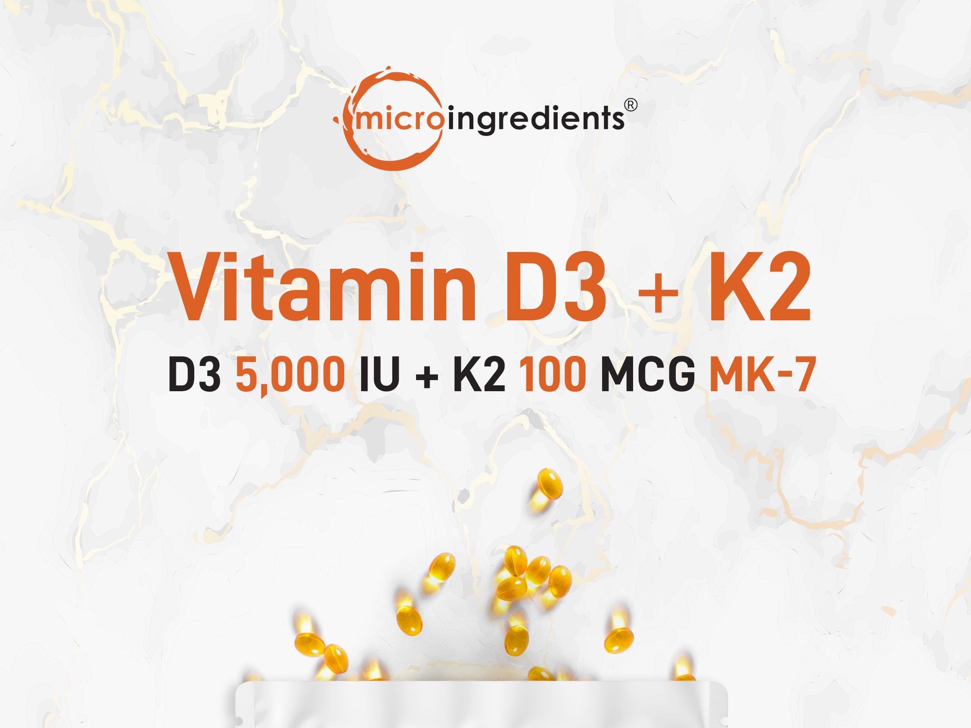Micro Ingredients Vitamin D3 + K2 MK-7 5,000 IU Per Serving, 300 Softgels