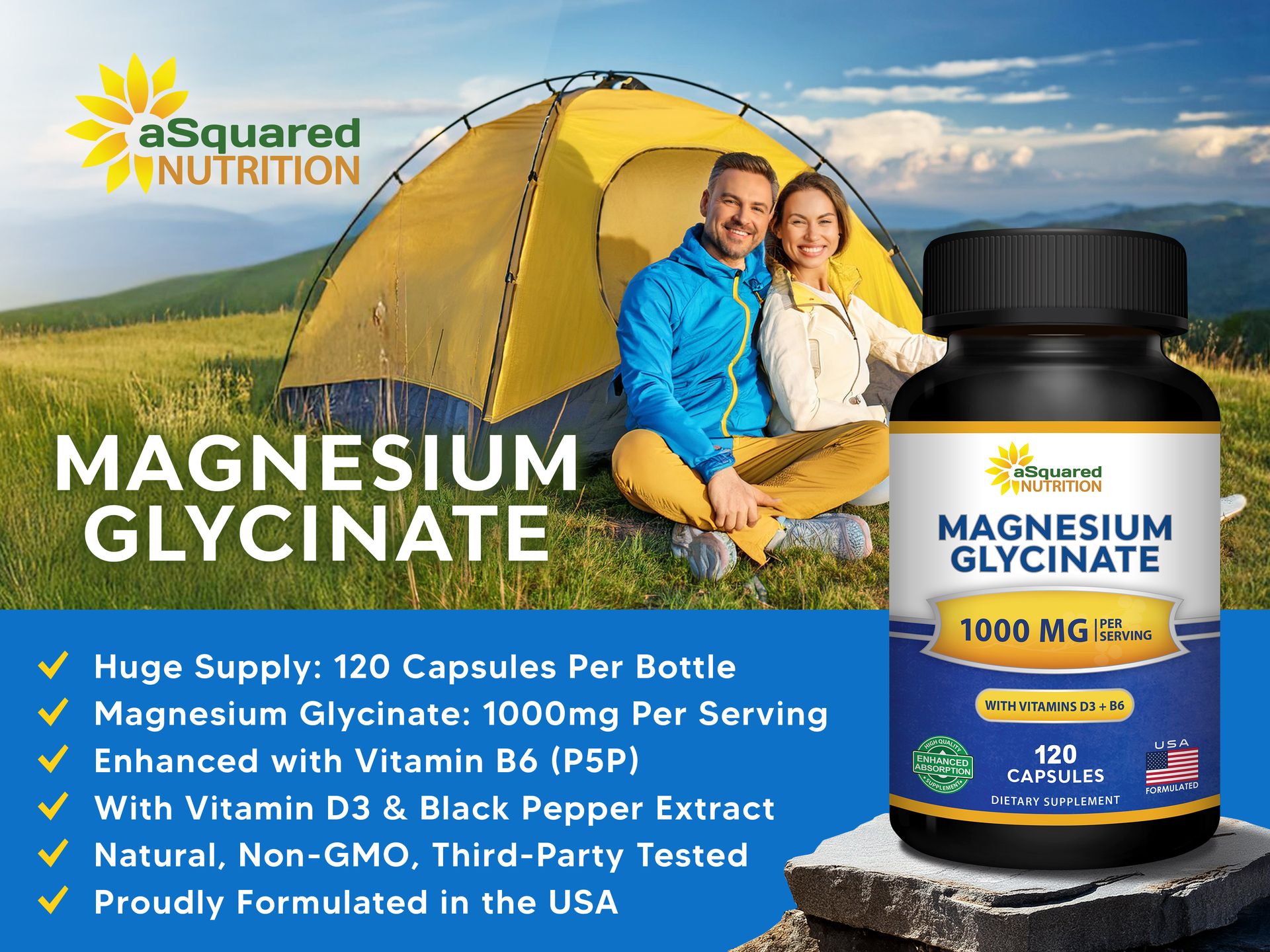 Magnesium Glycinate 1000mg with D3 & B6 - Mag Complex - 500mg per Capsule