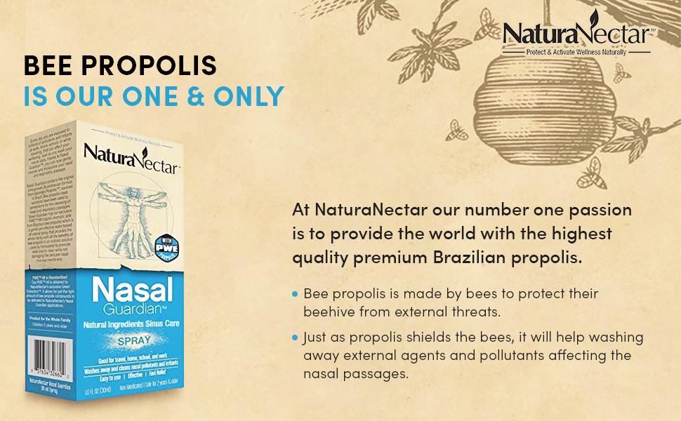 NaturaNectar - Bee Propolis Nasal Spray Saline Sinus Rinse & Relief - Pure Brazilian Propolis and Ingredients - Gentle and No Burning Sensation - Nasal Guardian - Ethical Beekeeping - 1 FL Oz - 1 Pack