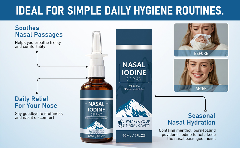 Iodine Nasal Spray,Nasal Iodine Spray with Fulvic Acid, Fine Mist Nasal Cleanse for Dry Air, Travel & Daily Comfort, 60ml