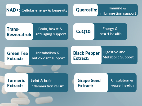 NAD+ Resveratrol Supplement, NAD Supplement w/COQ10, Quercetin, Turmeric