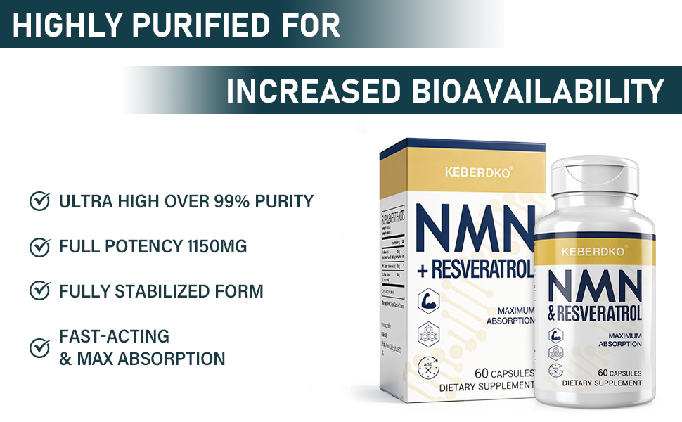 NMN Supplement 1150mg Per Serving, NMN 500mg + Resveratrol 600mg, 60 Caps