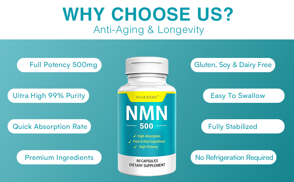 Vegan NMN Supplement 500mg, Higher Absorption - 99% Pure NMN (Nicotinamide Mononucleotide)for NAD+, Cellular Energy Immune Muscle, Anti-Aging & Longevity, Stabilized NMN - 60 Capsules (60 Days Supply)
