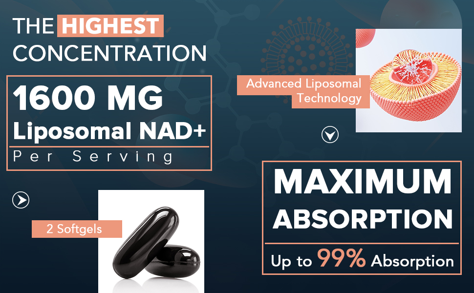1600 mg Liposomal NAD Supplement, 98% Pure NAD+ Supplement, Superior Absorption, Alternative to Nicotinamide Riboside or NADH to Boost NAD+ for Aging Defense, Energy, Longevity,60 Softgels