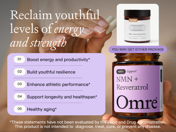 OMRE NMN + Resveratrol Supplement 99% Purity for Cellular Energy, NAD+ Boost | Highly Bioavailable Nicotinamide Mononucleotide Supplement Resveratrol 500mg & NMN 500mg, Made in USA, 60 Capsules
