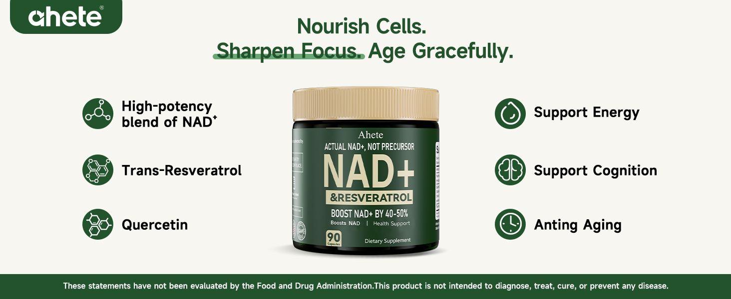 Ahete NAD Resveratrol Supplement, Supports Energy, Focus & Healthy Aging, 900mg NMNH Supplement per Serving, 90 NAD+ Capsules (45 Day Supply)