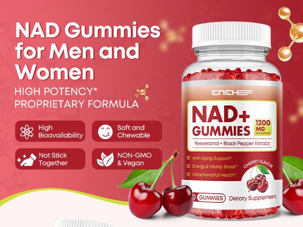 NAD+ Gummies, 1200mg Liposomal NAD Supplement for Women & Men with Trans-Resveratrol & Black Pepper Extract Anti-Aging Supplement, Brain & Cellular Mitochondrial Health - 60 Gummies Cherry