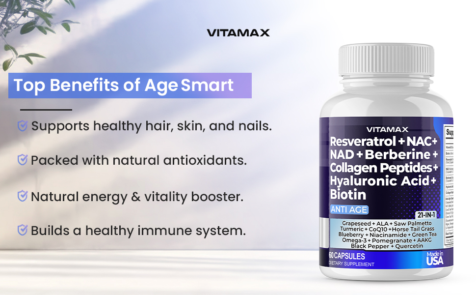 Resveratrol NAD+ Berberine Hyaluronic Acid - Biotin Grape & Blueberry + NAC - Collagen Peptides - Hair, Nail, Skin & Joint Supplement - 21-in-1 Women and Men - Made in USA (60 Count (Pack of 1)
