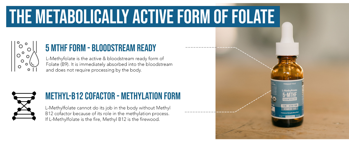 LMethylfolate 15mg Liquid + Methyl B12 Cofactor, High Potency Active 5-MTHF