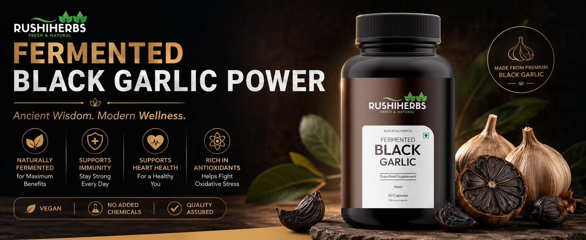 Fermented Black Garlic Capsules 500mg | 90 Days Aged, Rich in S-Allyl Cysteine (SAC) | Supports Heart, Cholesterol Balance, Immunity & Antioxidant Health | No Garlic Breath | 60 Veg Capsules
