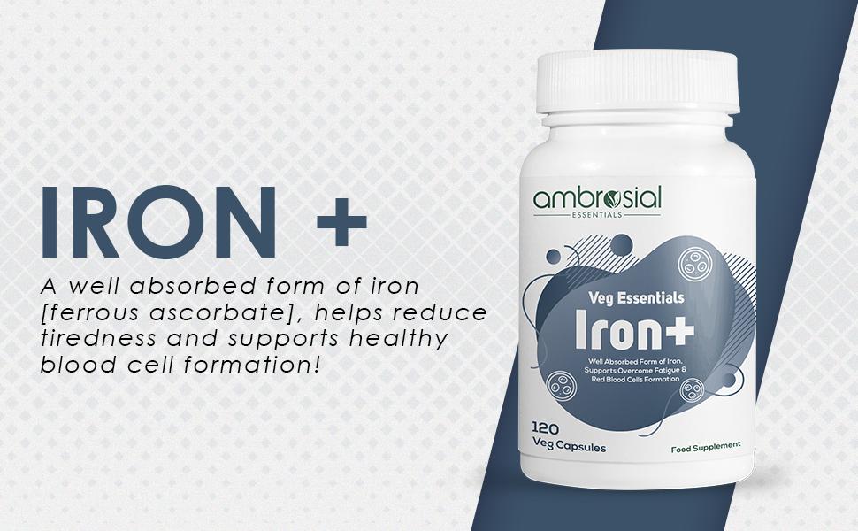 Ambrosial Iron Tablets High Strength 25mg| Iron Supplement for Women & Men| Blood Support & Helps Reduce Tiredness & Fatigue | Enhanced Absorption & Non - Constipating (Pack of 1-120 Capsules)