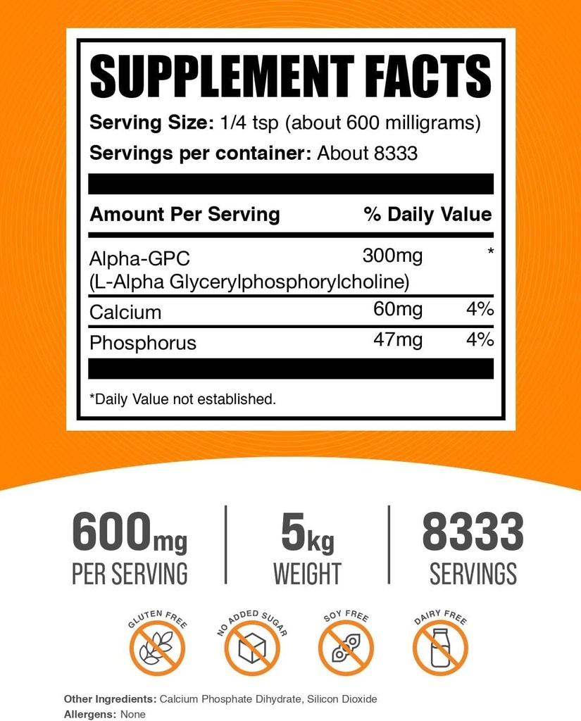BulkSupplements.com Alpha GPC Powder - Choline Supplements, Alpha GPC 300mg - Acetylcholine Supplements, Unflavored & Gluten Free, 600mg per Serving, 5kg (11 lbs) (Pack of 5) 3