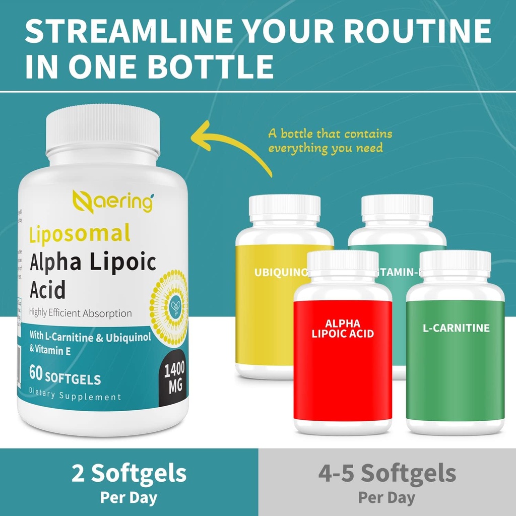 Liposomal Alpha Lipoic Acid 1400mg Softgels, ALA Supplement with L-Carnitine 1000mg, Ubiquinol (Active CoQ10) 100mg and Vitamin E 10mg,Alpha-Lipoic Acid for Antioxidants, Nerve,Energy 180 Softgels 5