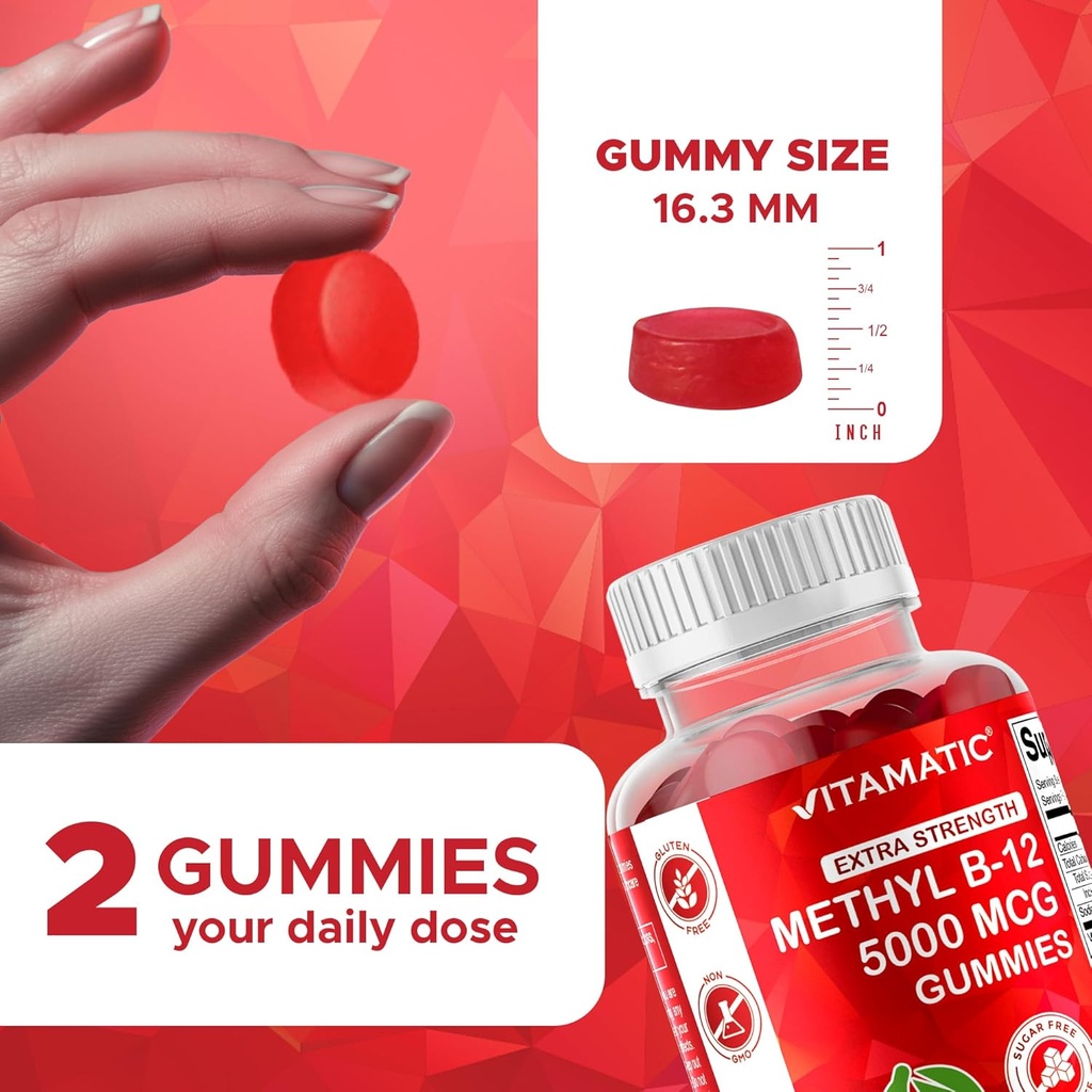 Vitamatic 2 Packs Extra Strength Vitamin B12 5000 mcg (Methyl B12) Gummies - 120 Count - Energy Metabolism Support and Nervous System Health Support, Natural Cherry Flavored 4