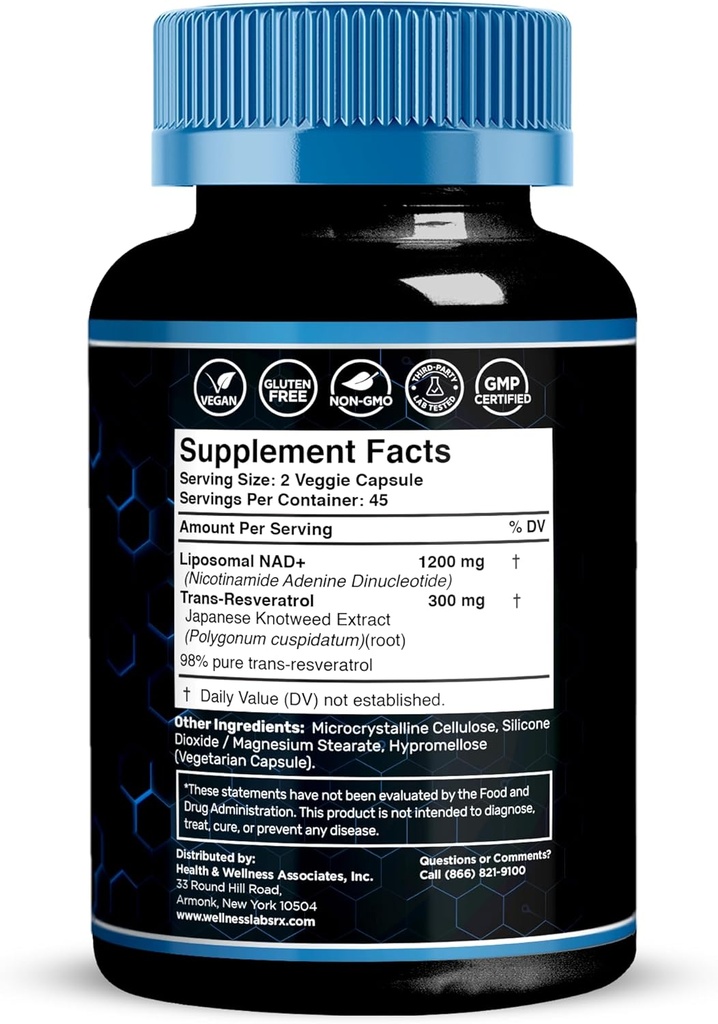 WELLNESS LABSRX NAD Supplement, 1500mg - Liposomal NAD+ Supplement with Resveratrol, NAD Plus Boosting - Support Cellular Health & Healthy Aging - Ultra Strength Capsules, USA Made - 3 Pack 3