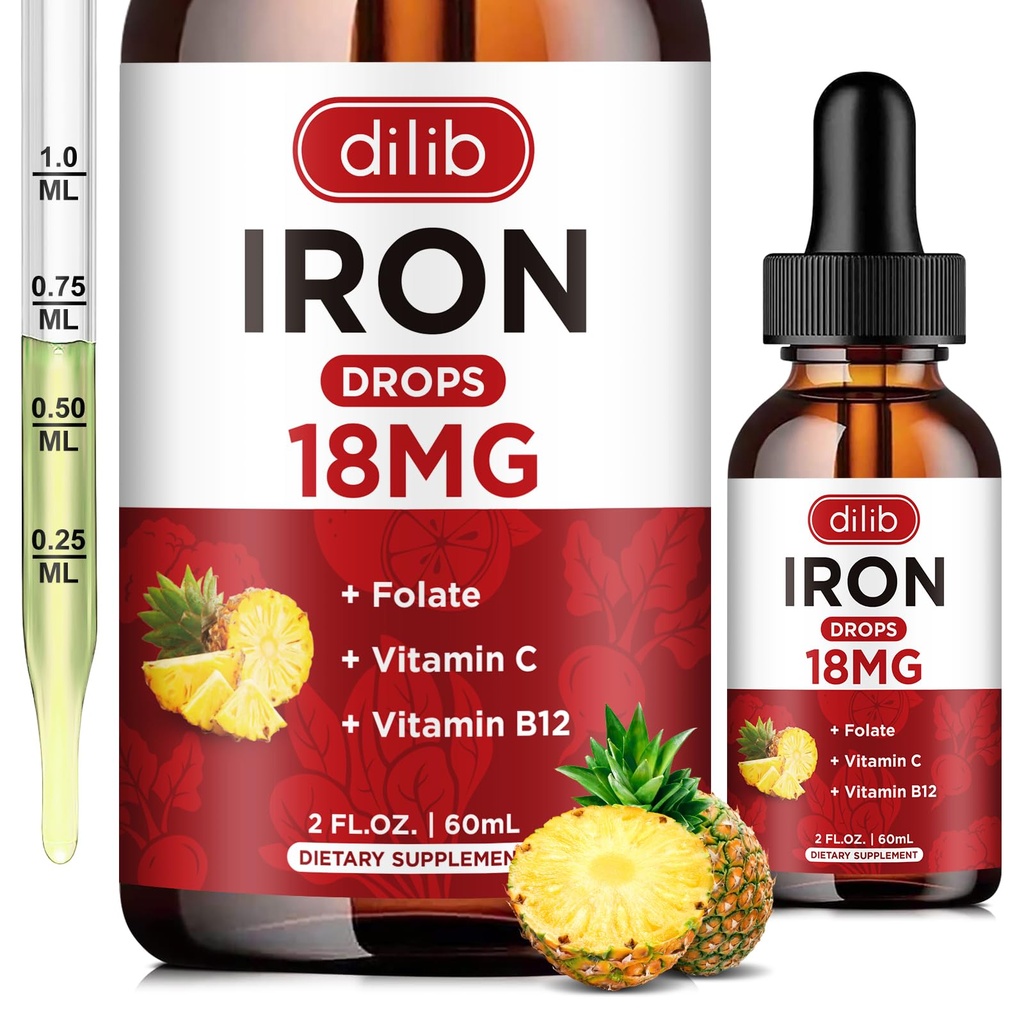 Flytande järntillskott för kvinnor och män järn droppar järntillskott för anemi med folat, C-vitamin, B12 för röd blodcellsupport-vinkel smak, 2 Fl Oz