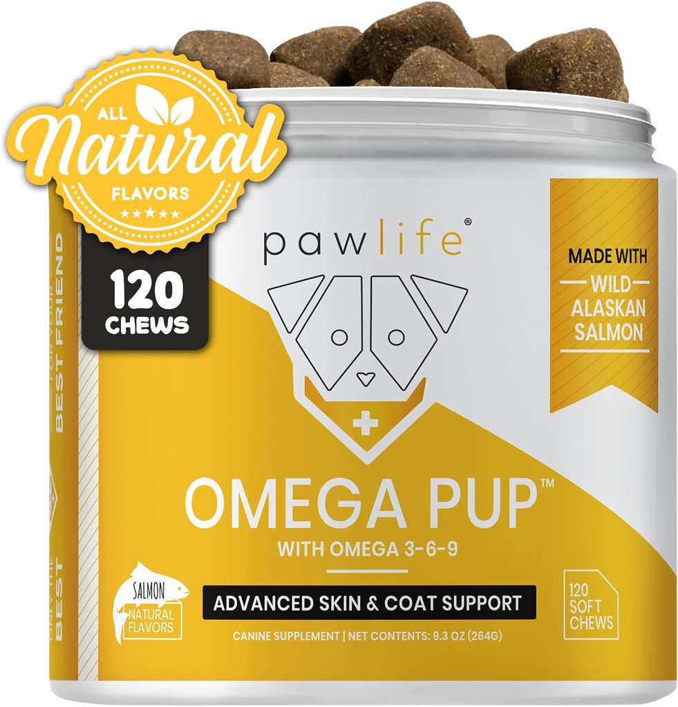 Dog Fish Oil Supplements - 120 Omega 3 Fish Oil Dog Vitaminer, Veterinär Formulerad Itching Relief för hundar, Natural Omega 3 Fish Oil för hundar, Dog Skin och Coat Supplement (Salmon smak)