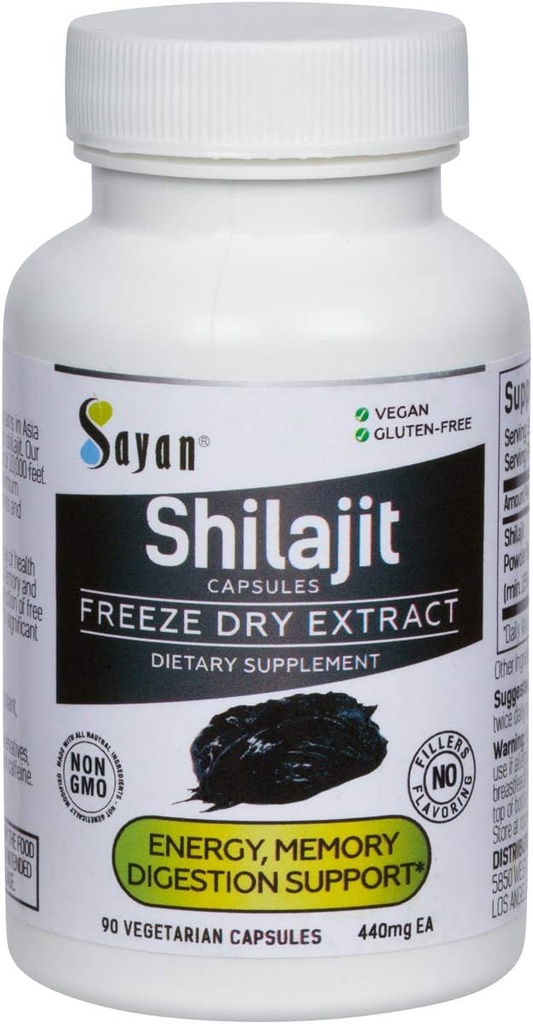 Sayan Shilajit 90 kapslar/440mg ea.- Ekologiskt tillskott med hög bränslesyrainnehåll för att stödja ditt immunsystem, bolsterenergi och naturligt rengöra - icke-GMO, inga fillers