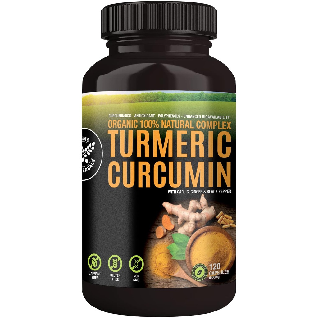 SUPREME HERBALS, 100% Raw and Organic Turmeric Curcumin Capsules. Certified Organic, Gluten-Free, Non-GMO, and Caffeine-Free. Enhanced with Garlic, Ginger and Black Pepper, 500mg, 120 Vegan Capsules