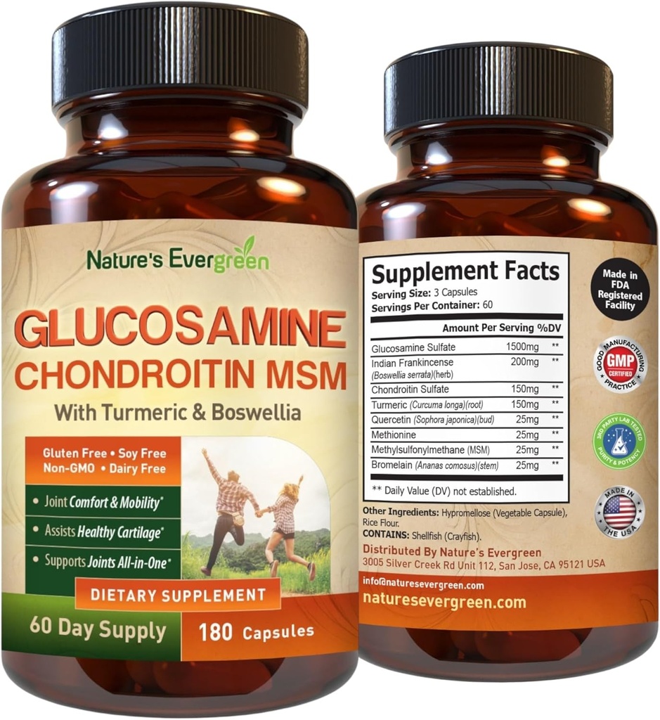 Glukosamin Chondroitin MSM med gurkmeja & Boswellia Supplement | Gemensamt stöd Supplement Glukosamin Sulfat 1500mg | Gemensam hälsa Chondroitin Sulfat MSM för kvinnor och män - 180 kapslar