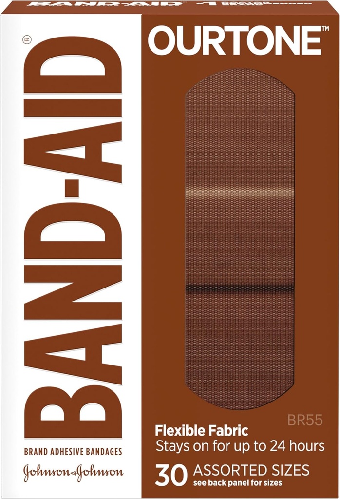 Band-Aid Brand Ourtone Adhesive Bandages, Flexible Protection & Care of Minor Cuts & Scrapes, Quilt-Aid Pad for Painful Wounds, BR55, Assorted Sizes, 30 ct