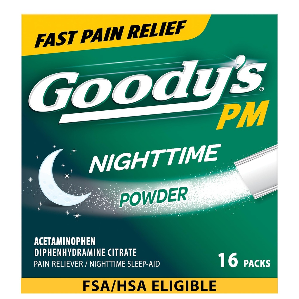 Goody's Nighttime Powder, Pain Reliever & Sleep Aid med Acetaminophen & Diphenhydramine Citrate, koffeinfri, 16 greve