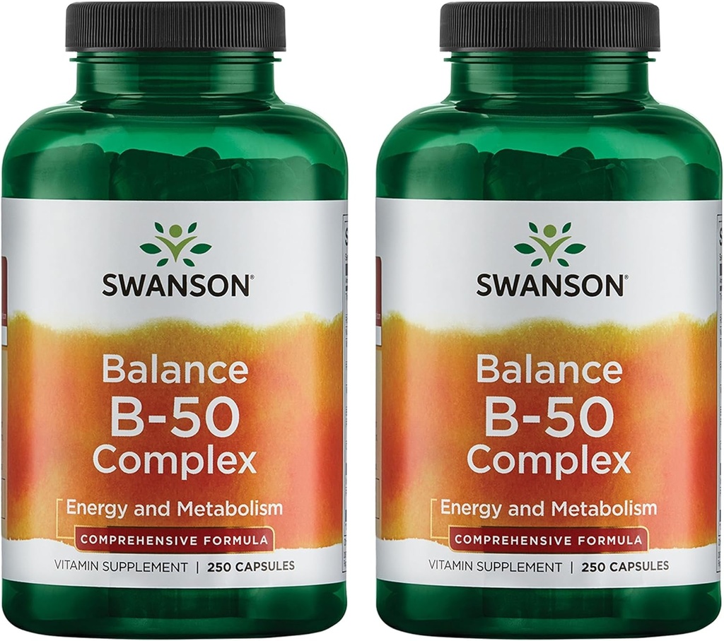 Swanson B-50 B-Complex - B Vitamin Complex med hög styrka och biotillgänglighet - Främjar immunsystemsupport, hjälper hjärthälsa och stöder hälsosamt nervsystem - (250 kapslar) (2 Pack)