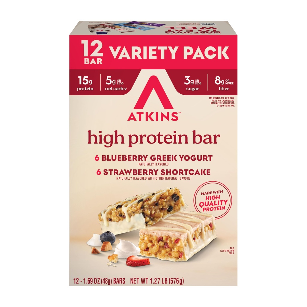 Atkins Blueberry grekisk Yogurt & Strawberry Shortcake High Protein Bar, High Fiber, Keto Friendly, 12 greve (6 barer varje smak)