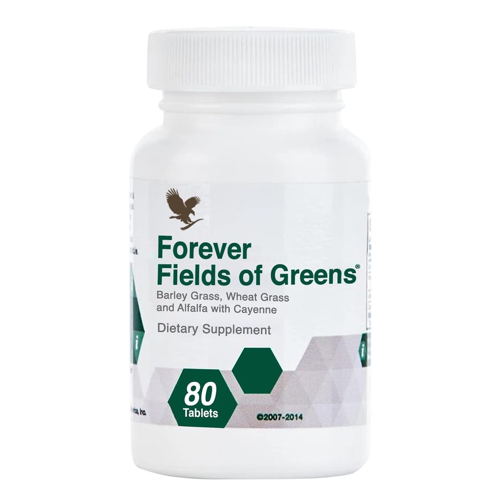 Forever Living - Fields of Greens, Green Superfood Supplement med Barley Grass, Wheat Grass och Alfalfa för att rengöra och alkalisera, 80 tabletter