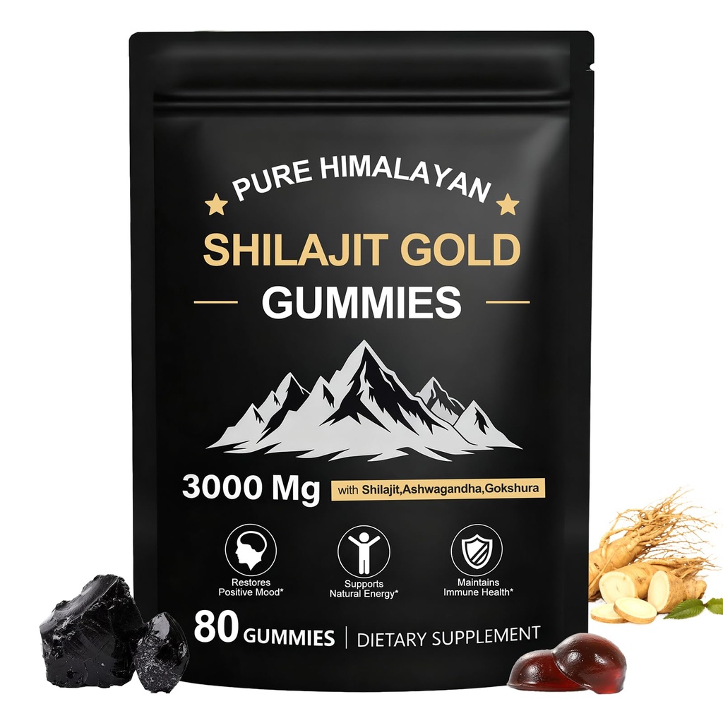Shilajit Gummies, Pure Himalayan Shilajit Gummies Gold, No Added Sugar Non-GMO 100% Natural & Organic, Ashwagandha, Gokshura| Fulvic Acid & 85+ Trace Minerals för Män, Kvinnor | 60 Gummy
