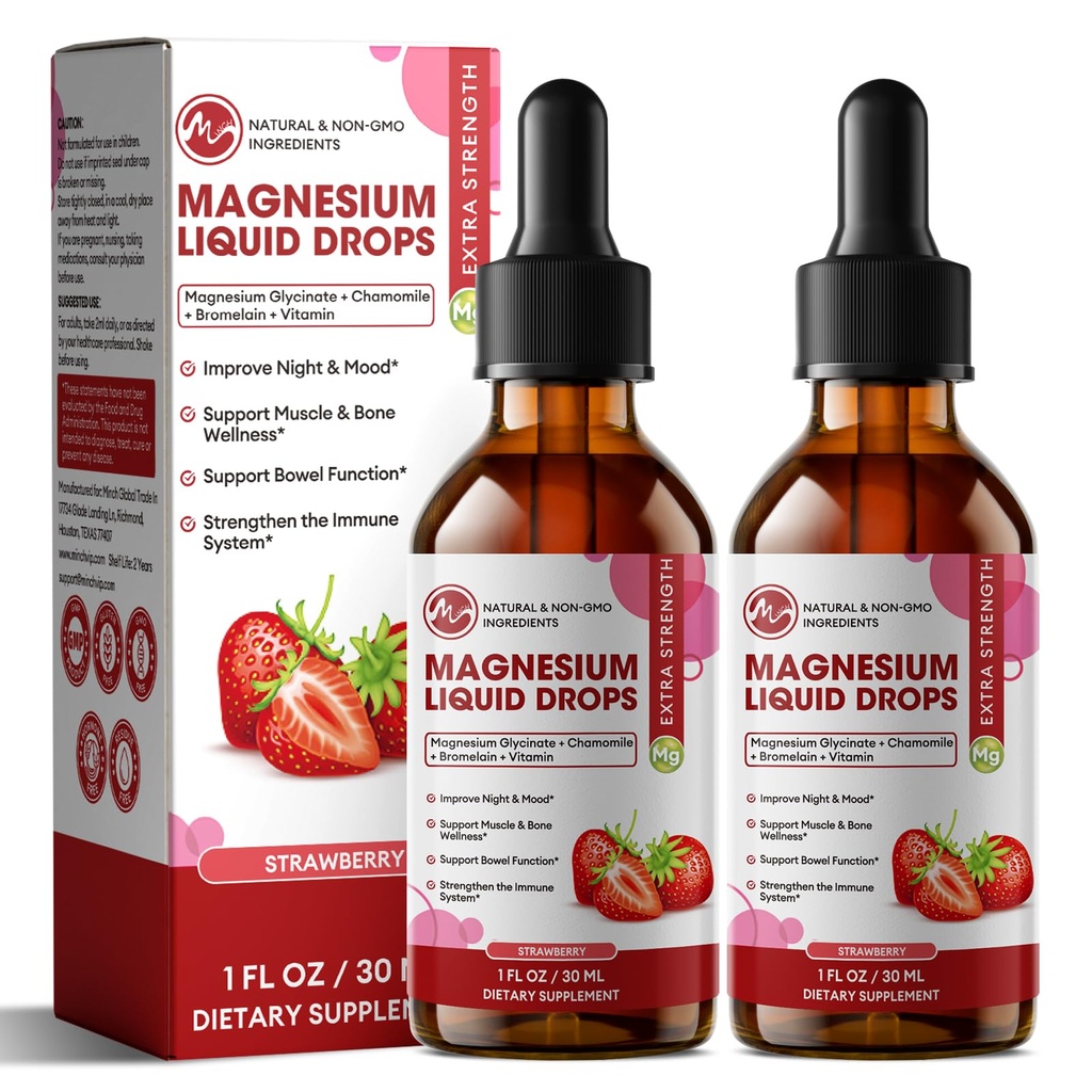 M tum Magnesium Glycinate Liquid, High Absorption Magnesium Liquid Drops med Cellulose Fiber, Bromelain, Vitamin B6, C, D, Zink, Magnesium Supplement för barn och vuxna, Strawberry Flavor, 2 Pack
