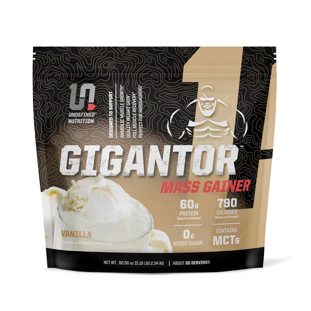 Undefined Nutrition Gigantor Mass Gainer av Brian Shaw (60g Protein, 30 portioner, upp till 790 Kvalitetskalorier) - Hardcore Hard Gainer Formel med 5- Phase Protein Blend (5,16 lbs, Vanilla)