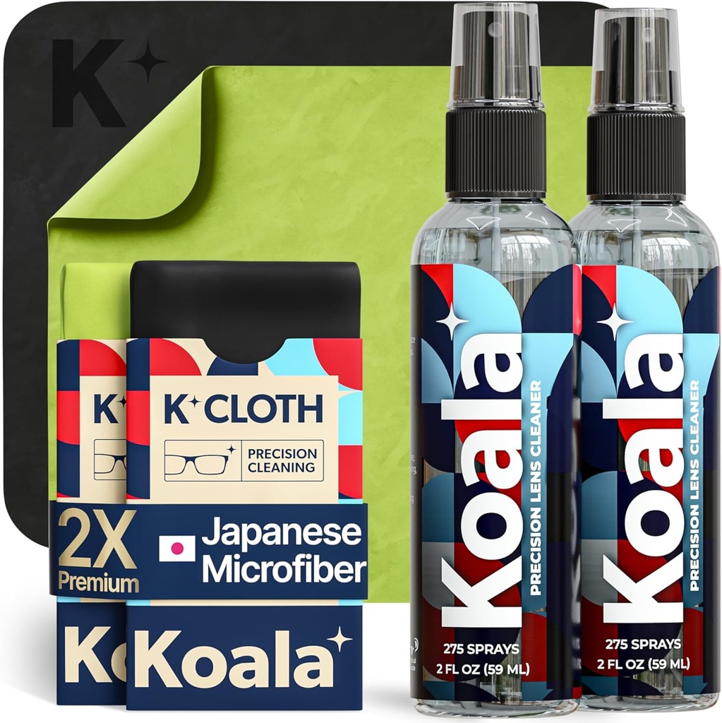 Koala Eyeglass Lens Cleaner Spray Kit | (2x) Glasses Cleaner Bottle + (2x) Microfiber Cloth | Alcohol Free Eyeglasses, Screen, and Camera Cleaning Kit | Made in USA (4 Piece Set)