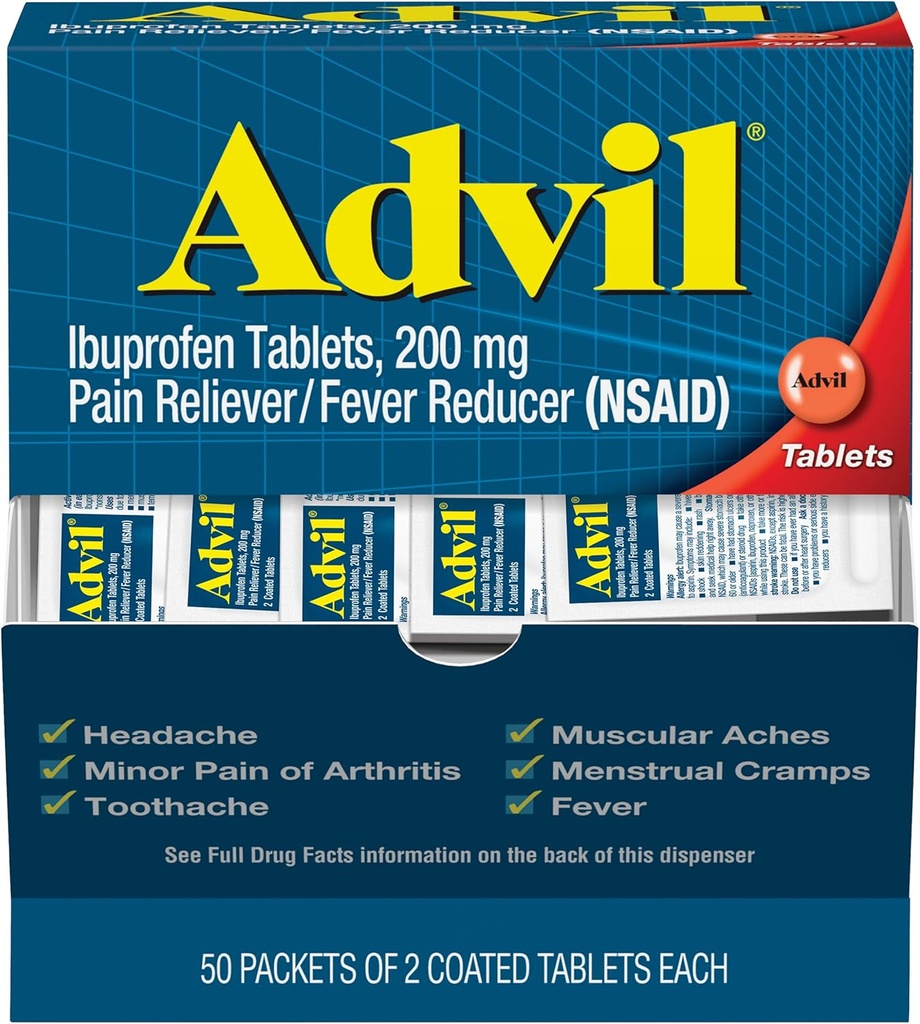 Advil Pain Reliever och Fever Reducer, Pain Relief Medicine med Ibuprofen 200mg för huvudvärk, Backache, Menstrual smärta och gemensamma smärtlindring - 100 belagda tabletter (förpackning kan variera )
