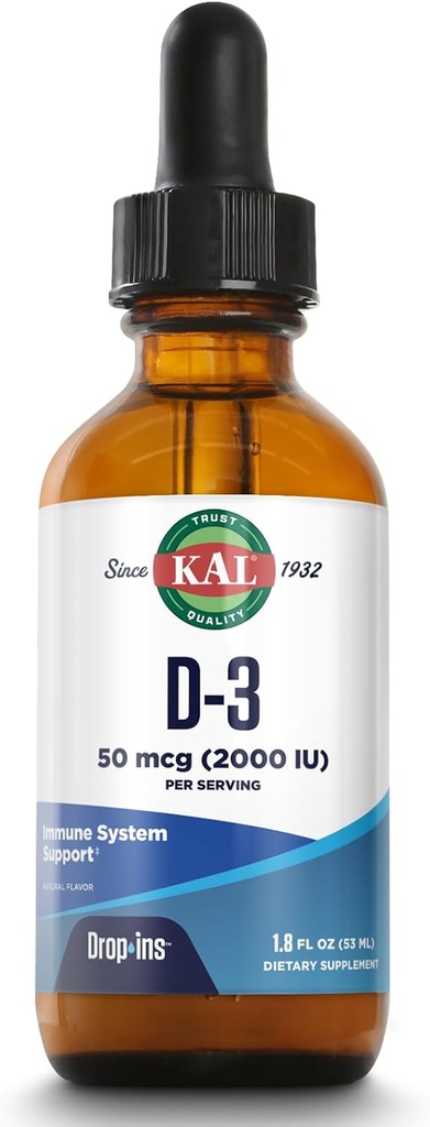 KAL Vitamin D3 2000 IE (50 mcg) DropIns - Liquid Vitamin D3 Drops - Bone Strength och Immune Support Supplement - Vegetarian, 60-dagars garanti, cirka 590 portioner, 1.8oz