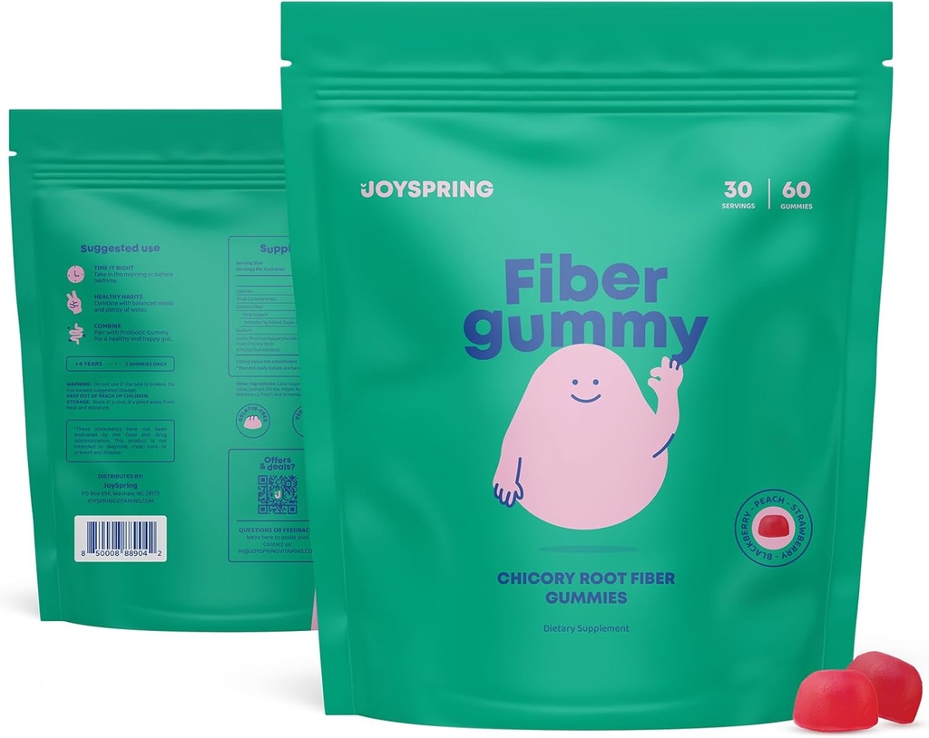 JoySpring Kids Fiber Gummies for Constipation – 5 mg Fiber Supplement for Regular Digestion – Peach, Strawberry & BlackBerry Flavored – for Kids Ages 4-11 & Adults – 60 Ct