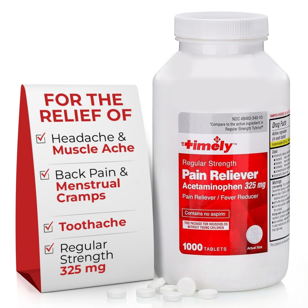 TIME-CAP LABS, INC. Tidiga Acetaminophen 325 MG Tabletter 1000 greve - Regelbunden styrka smärtlindring - Menstruella kramper, feberreducer, mindre smärta av artrit