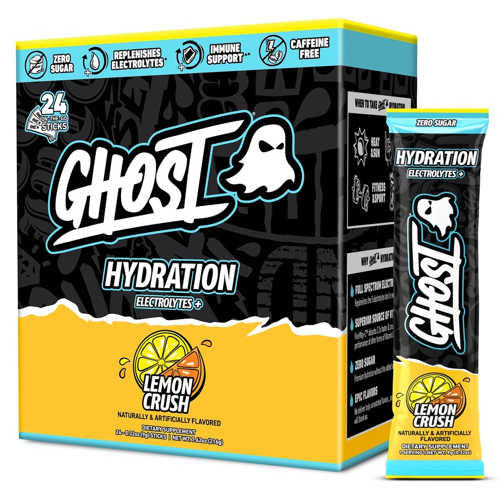 GHOST Hydration Packets, Lemon Crush, 24 Sticks, Electrolyte Powder - Drink Mix Supplement med Magnesium, Kalcium, Vitamin C - Vegan Friendly, Fri från Soja, Sugar & Gluten