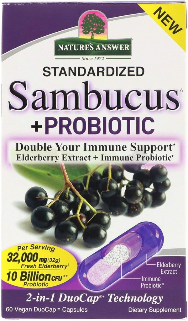Naturens svar Sambucus + Probiotic | Ny 2-i-1 Dubbel din immunsupport | 32.000mg Standardized Fresh Elderberry Duo Cap med 10 miljarder CFU Probiotic | Glutenfri, icke-GMO | 60 Vegan kapslar