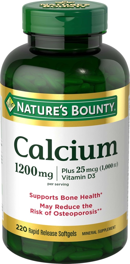 Naturens Bounty Calcium 1200 mg med vitamin D3, Bone Health & Immune Support, vitamin D3 1000 IE, 220 Softgels