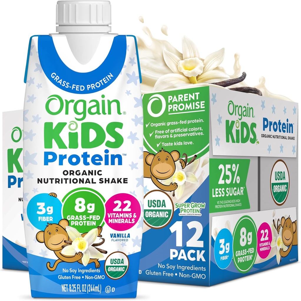Orgain Organic Kids Nutritional Protein Shake, Vanilla, Healthy Kids Snacks, 8g Dairy Protein, 3g Fiber, 22 Vitaminer & Minerals, No Soy ingredienser, Gluten Free, Non-GMO, 8.25 Fl Oz (Pack av 12)