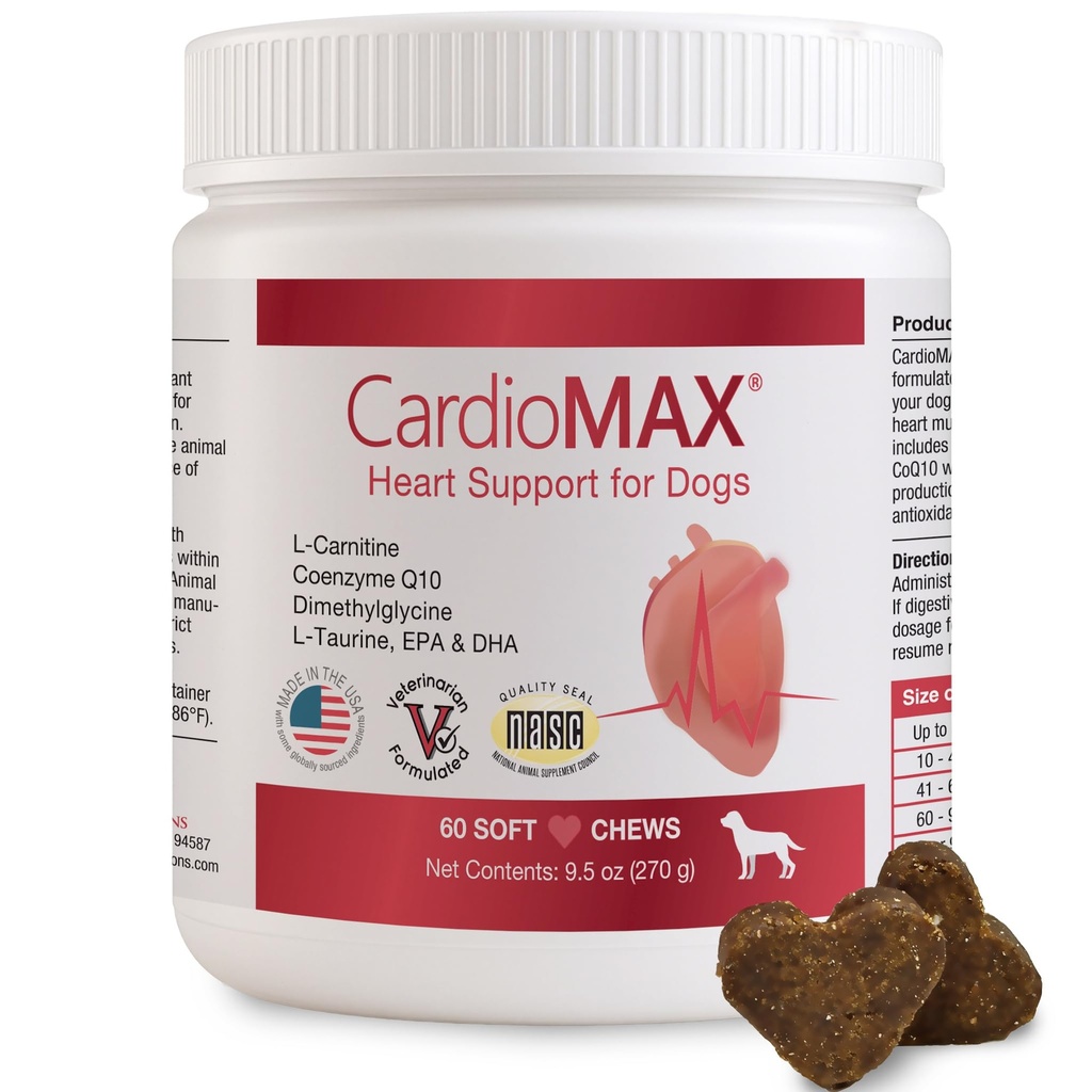 Heart Support Supplement for Dogs-Vet-Formulated, Antioxidant-Rich-L-Taurine, L-Carnitine, EPA, DHA,CoQ10-Aids Circulatory Strength, Cardiovascular Support, Heart Muscle Function-USA Made-60 Soft Chews