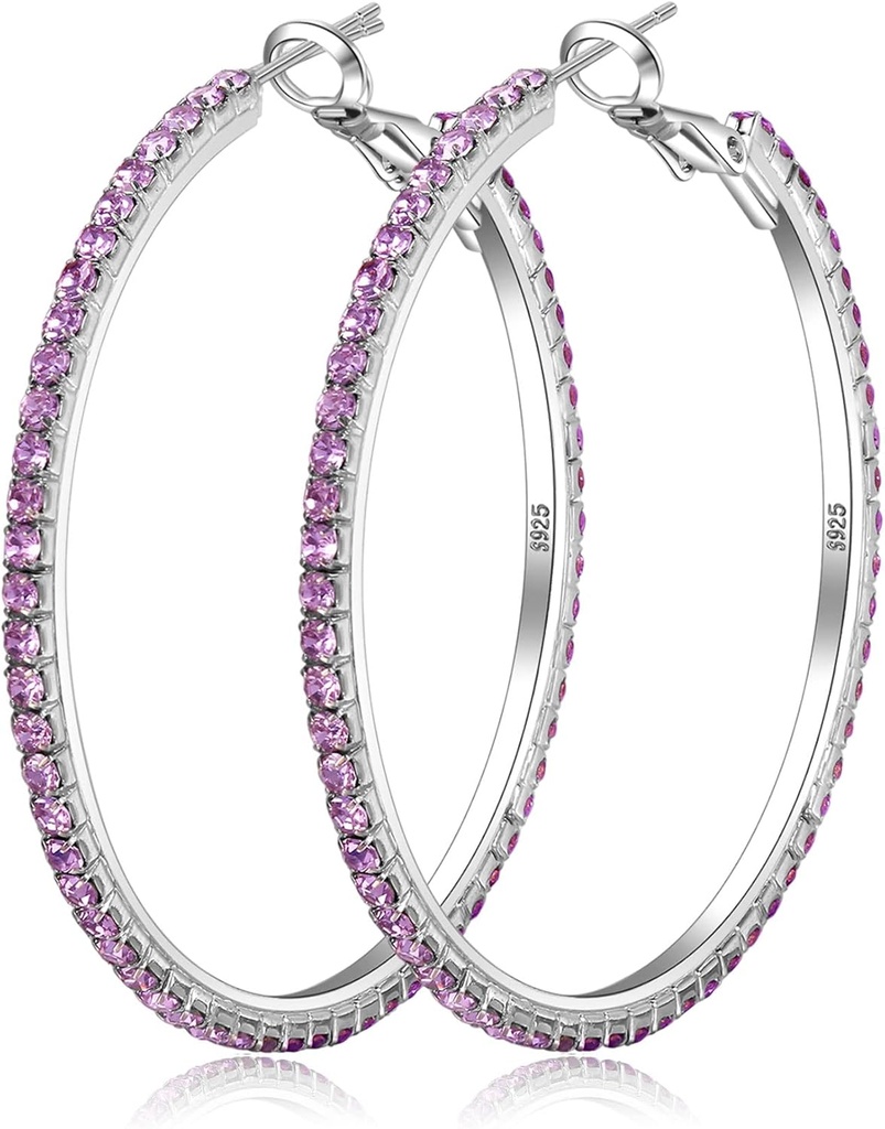 925 Sterling Silver Earrings Large Rhinestone Hoop Earrings Big Cubic Zirconia Hoop Earrings Thin Rhinestones Round Hoop Earrings för kvinnor 20/30/40/50/60/70mm Sparkly Hoops med kristaller för kvinnor