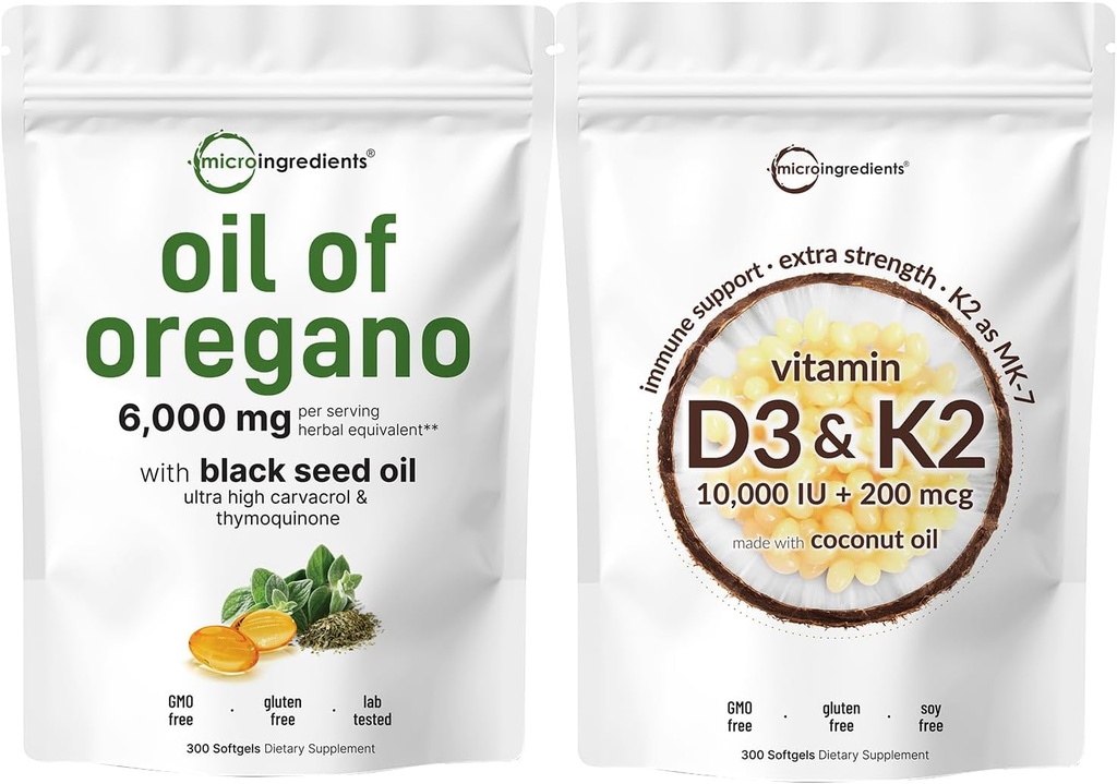 Micro Ingredients Oil of Oregano Softgels 6.000mg Per Serving & Vitamin D3 10.000iu + K2 200mcg Coconut Oil Softgels Bundle 2 Pack | 4X Styrka Carvacrol & Thymoquinon | Essential Sunshine Vitamins
